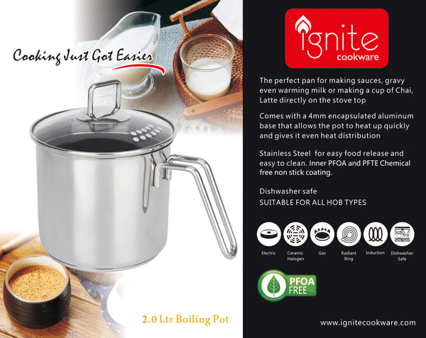 Ignite Stainless Steel Non Stick Boiling Pot | 2L Chai Pan With Strainer Lid
