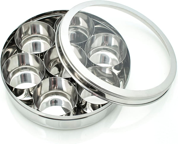 Stainless Steel Spice Tin (Masala Dabba) with Clear Lid Size 14