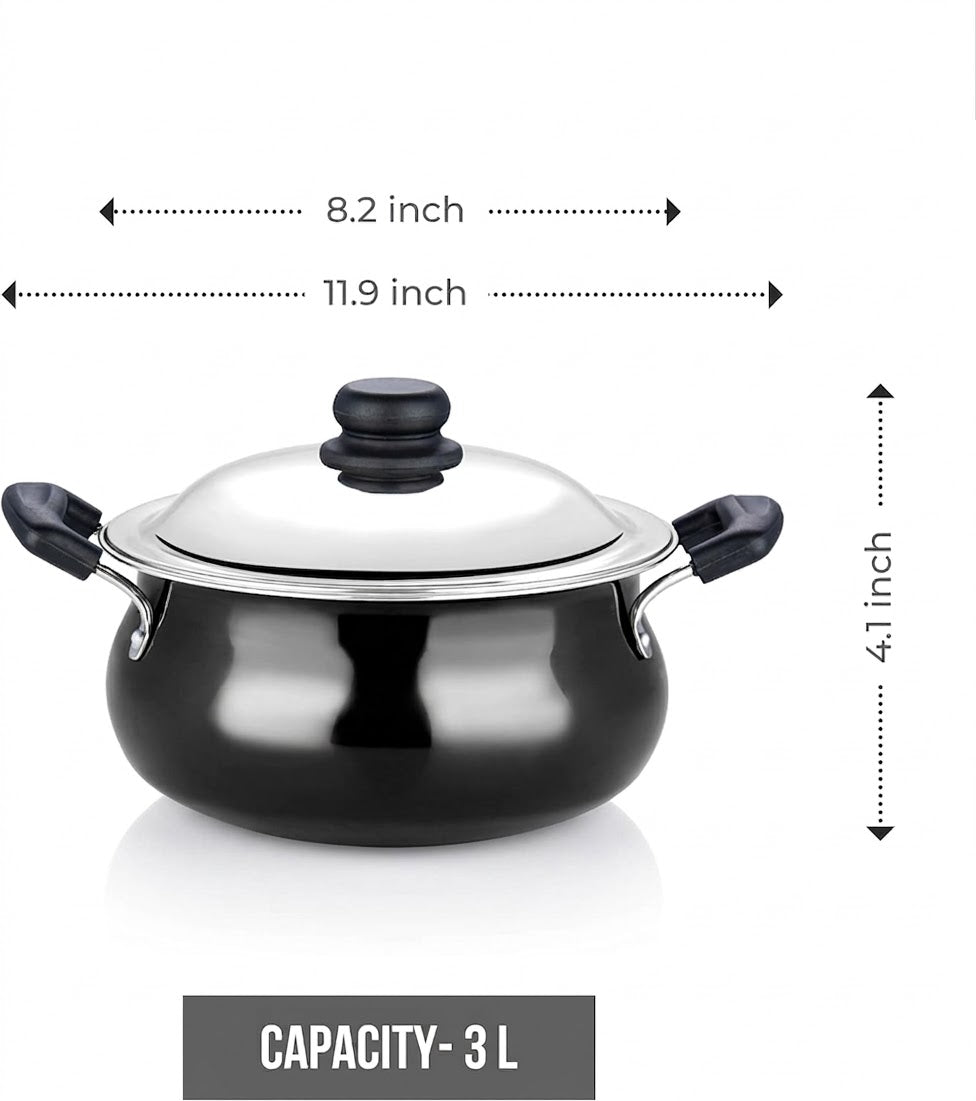 Vinod Black Pearl Hard Anodised Handi With Stainless Steel Lid 3L