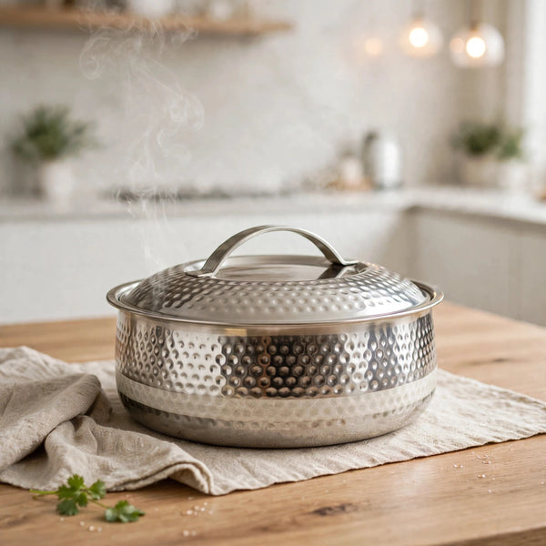 Stainless Steel Hot Pot Insulated Food Warmer Hammered Roti Rice 2100