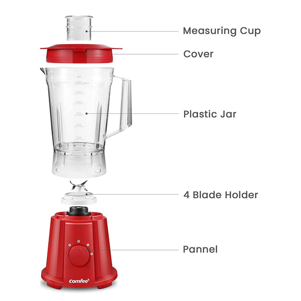 COMFEE' Blender Smoothie Maker, 1.5 Litre Blender Mixer Food Processor, 600W Red - The Cookware Company