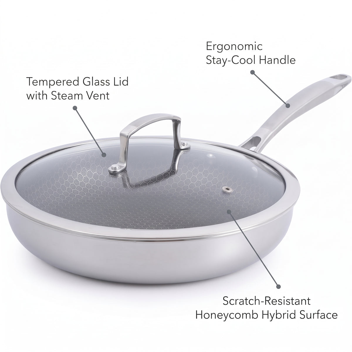 Tri-Ply Stainless Steel Hybrid Nonstick Frying Pan – 28 cm + Tempered Glass Lid