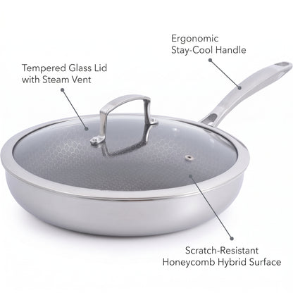 Tri-Ply Stainless Steel Hybrid Nonstick Frying Pan – 28 cm + Tempered Glass Lid