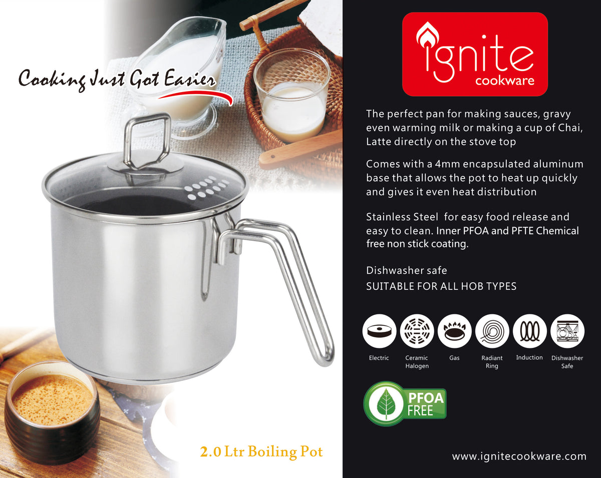 Ignite Stainless Steel Non Stick Boiling Pot | 2L Chai Pan With Strainer Lid