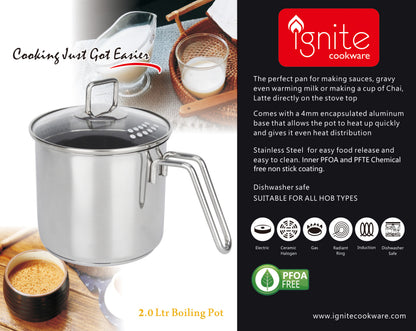 Ignite Stainless Steel Non Stick Boiling Pot | 2L Chai Pan With Strainer Lid