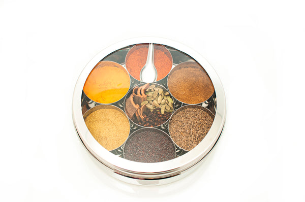 Stainless Steel Masala Dabba With Clear Lid Filled With Spices