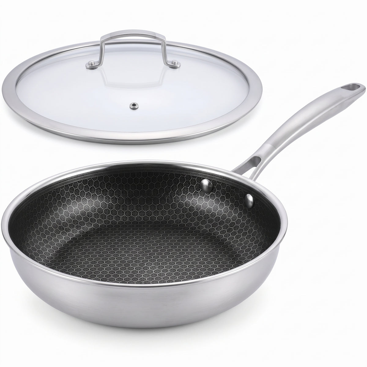 Tri-Ply Stainless Steel Hybrid Nonstick Frying Pan – 28 cm + Tempered Glass Lid