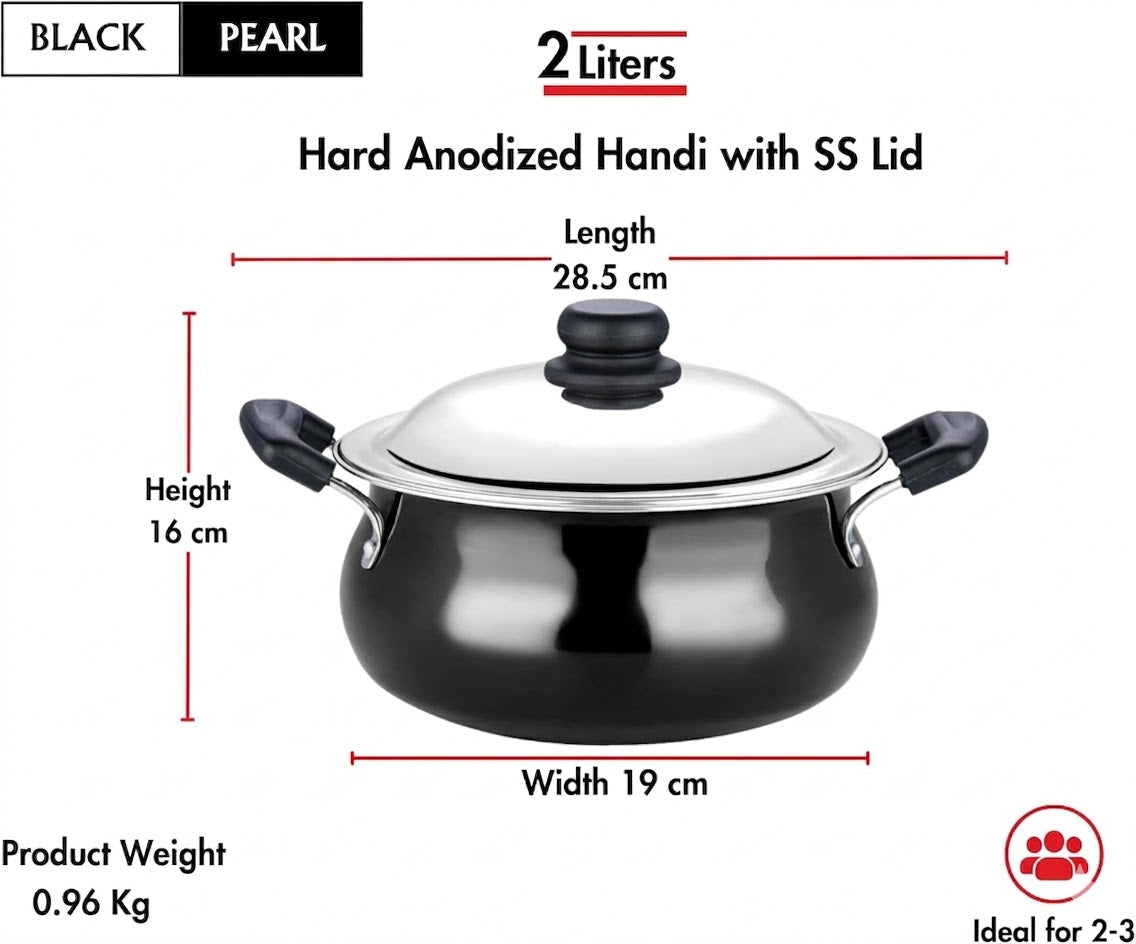 Vinod Black Pearl Hard Anodised Handi With Stainless Steel Lid 2L