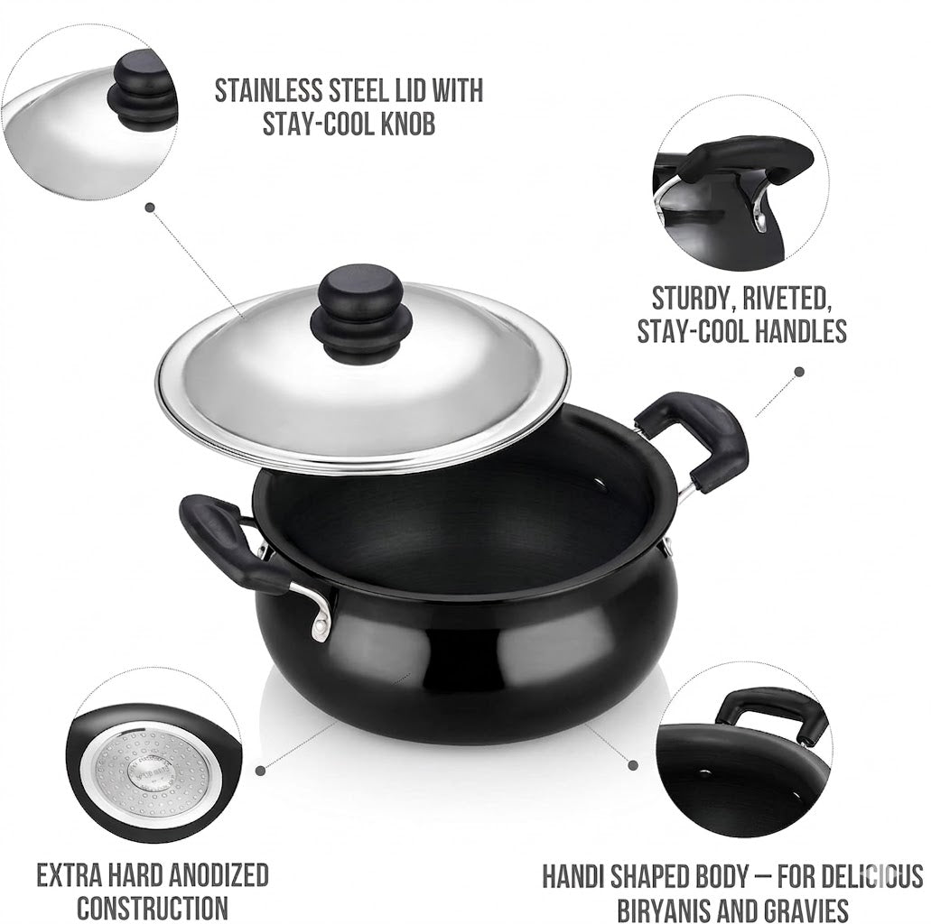Vinod Black Pearl Hard Anodised Handi With Stainless Steel Lid 3L