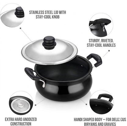 Vinod Black Pearl Hard Anodised Handi With Stainless Steel Lid 3L