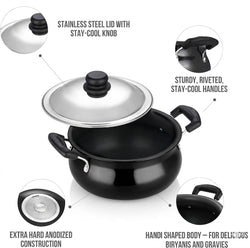 Vinod Black Pearl Hard Anodised Handi With Stainless Steel Lid 3L