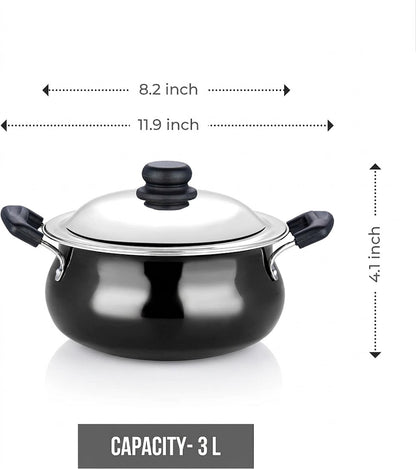 Vinod Black Pearl Hard Anodised Handi With Stainless Steel Lid 3L