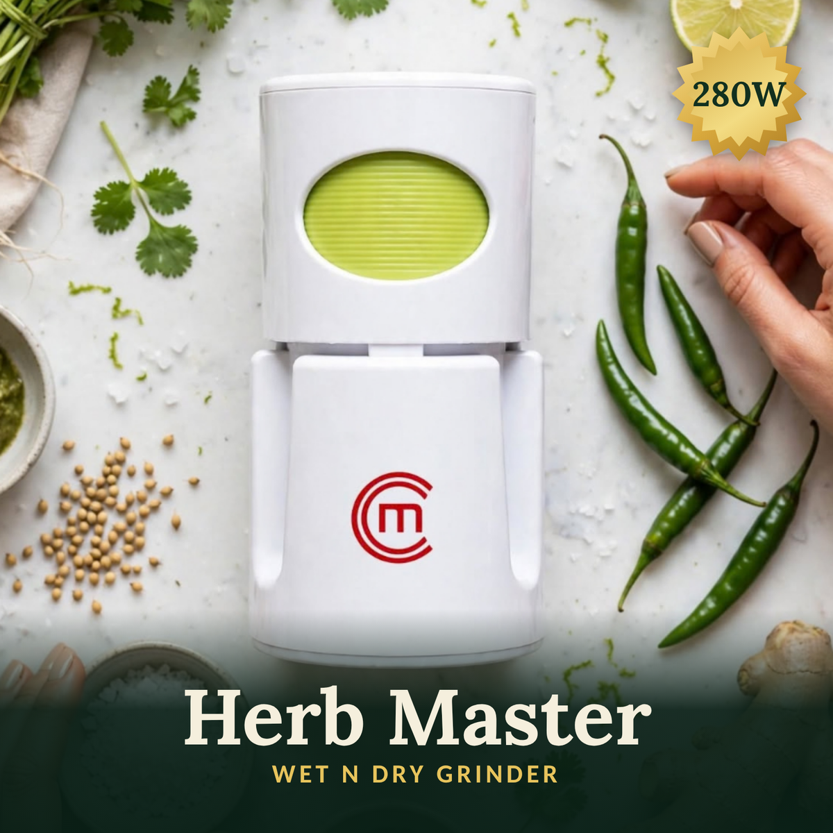 Herb Master Wet N Dry Grinder, 280W Electric Grinder for Herbs, Spices, Nuts and Coffee Beans 2027 Model