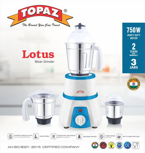 TOPAZ 3-In-1 Mixer Grinder Indian Mixer Blender with 3 Stainless Steel Jars